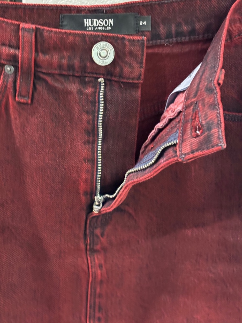 Hudson Viper Mini Denim Skirt - Burgundy Red Size 24 - Picture 7 of 11